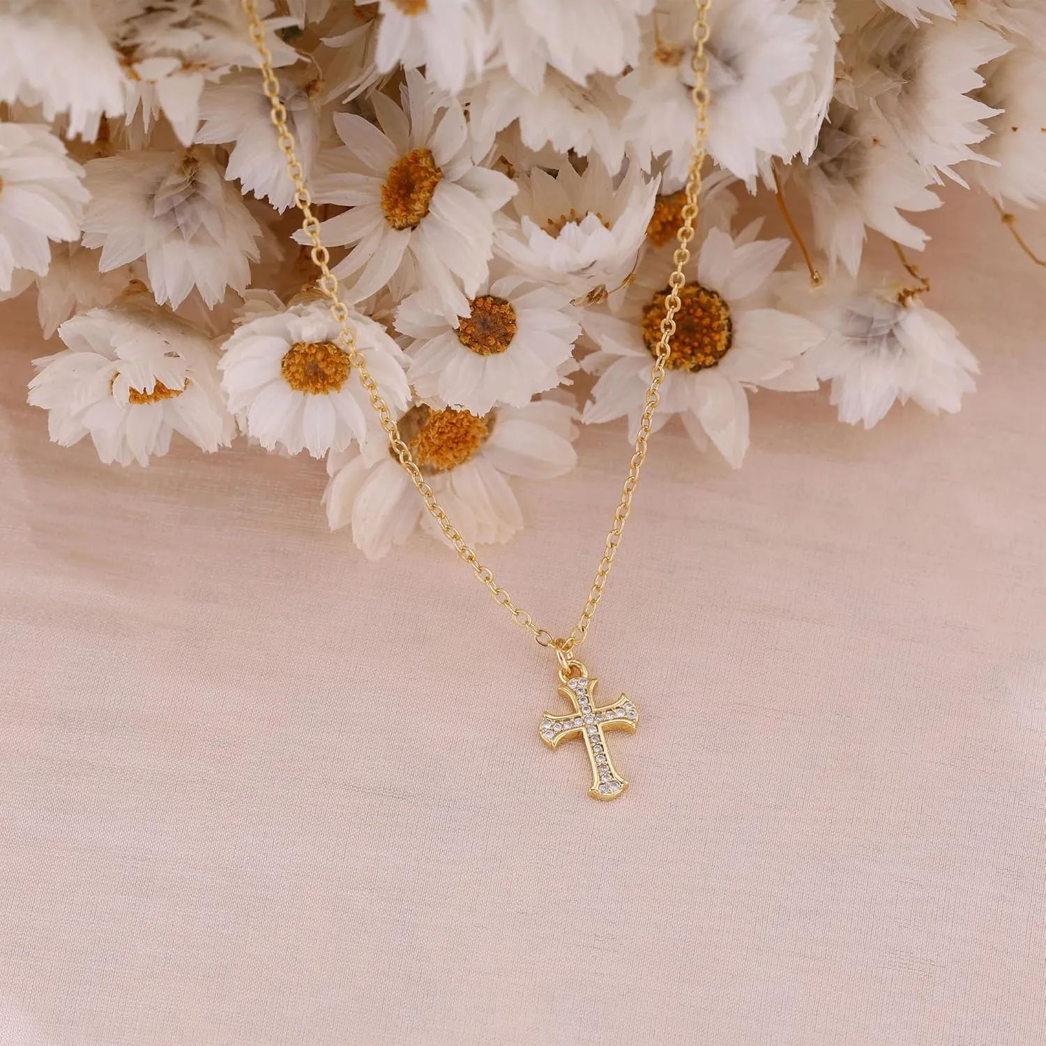 Ewrkbr Cross Necklace for Women,Gold Necklace 14K Gold Plated Cute CZ Cross Pendant Necklace Simple Dainty Gold Cross Necklaces for Women Trendy Non Tarnish Gold Necklaces Jewelry for Women