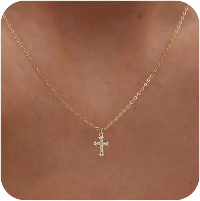 Ewrkbr Cross Necklace for Women,Gold Necklace 14K Gold Plated Cute CZ Cross Pendant Necklace Simple Dainty Gold Cross Necklaces for Women Trendy Non Tarnish Gold Necklaces Jewelry for Women