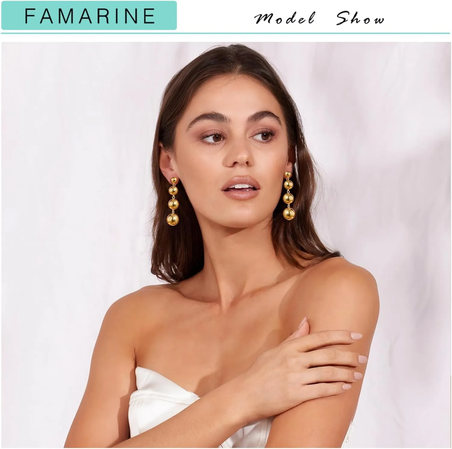 FAMARINE Gold Silver Long Earrings Women Dangle Ball Earrings Simple Jewelry