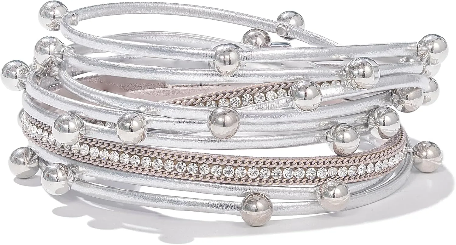 FANCY SHINY Leather Beaded Bracelet Boho Wrap Bracelets Gothic Jewelry Stackable Goth Bracelets with Magnetic Clasp