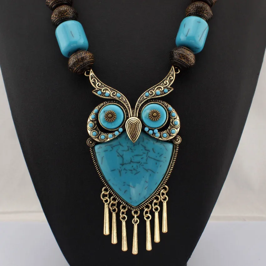 Fashion Tibetan Style Women Statement Necklaces Wood Chain Turquoise Big Owl Necklaces & Pendants Boho Jewelry Maxi Dress