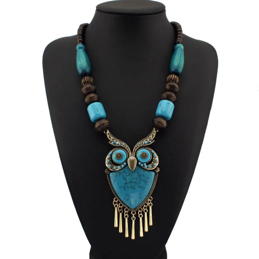Fashion Tibetan Style Women Statement Necklaces Wood Chain Turquoise Big Owl Necklaces & Pendants Boho Jewelry Maxi Dress