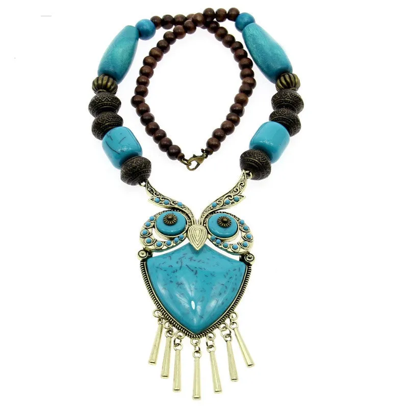 Fashion Tibetan Style Women Statement Necklaces Wood Chain Turquoise Big Owl Necklaces & Pendants Boho Jewelry Maxi Dress