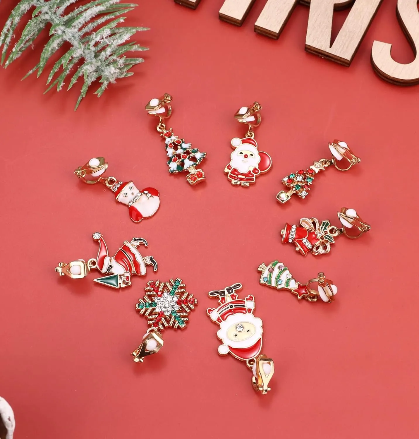 FIBO STEEL 9 Pairs Clip On Christmas Earrings for Women Tree Snowflakes Santa Claus Elk Snowman Bells No Piercing Clip-On Christmas Dangle Drop Earrings