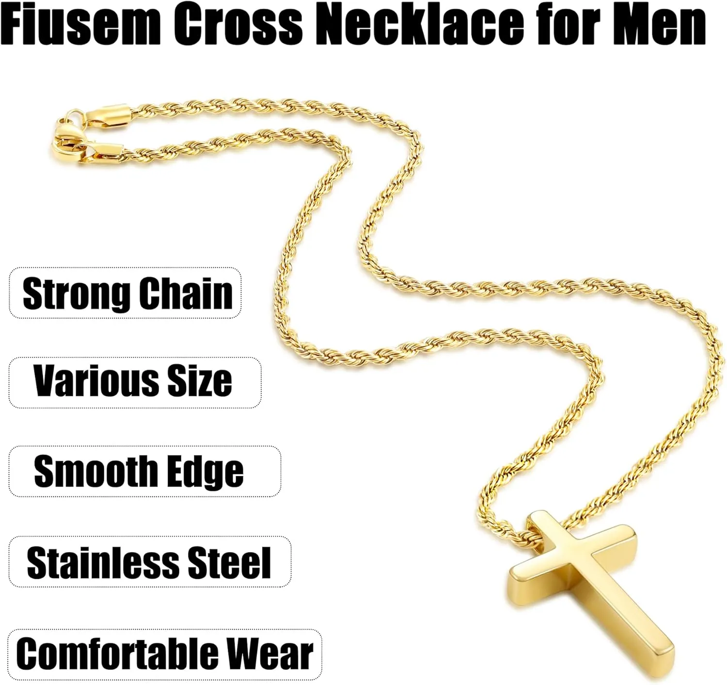 Fiusem Cross Necklace for Men, Mens Cross Necklaces with 2.5mm Rope Chain, Stainless Steel Pendant Chain 16-28 Inch, Jewelry Gift