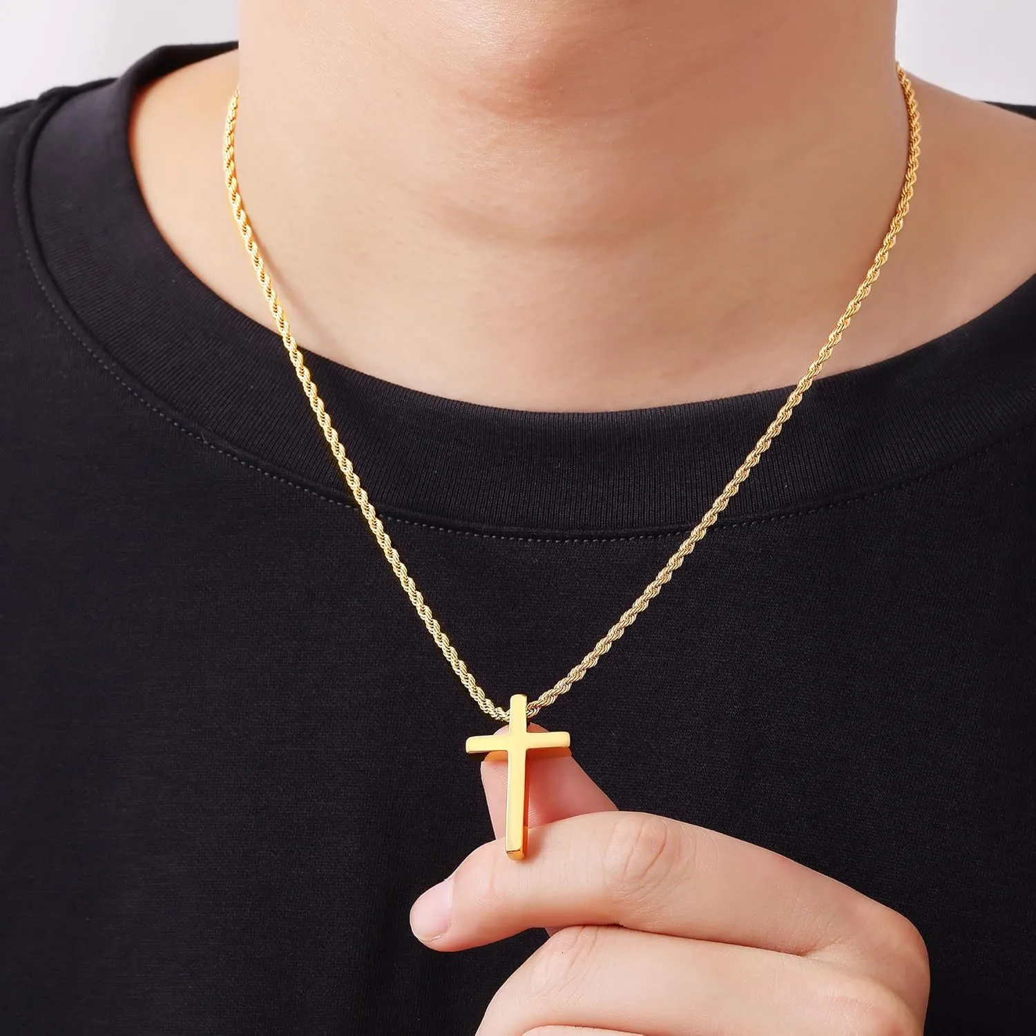 Fiusem Cross Necklace for Men, Mens Cross Necklaces with 2.5mm Rope Chain, Stainless Steel Pendant Chain 16-28 Inch, Jewelry Gift