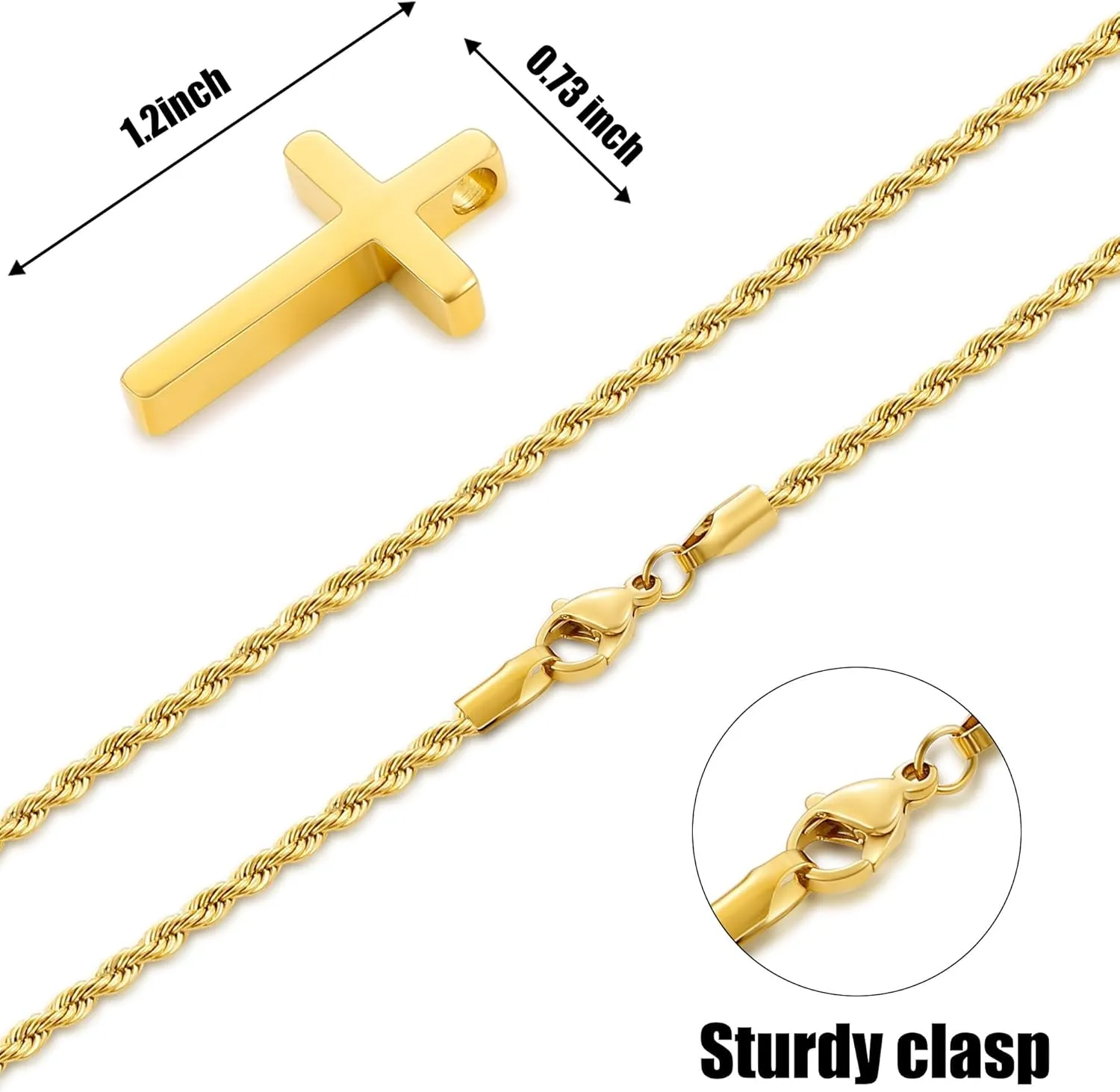 Fiusem Cross Necklace for Men, Mens Cross Necklaces with 2.5mm Rope Chain, Stainless Steel Pendant Chain 16-28 Inch