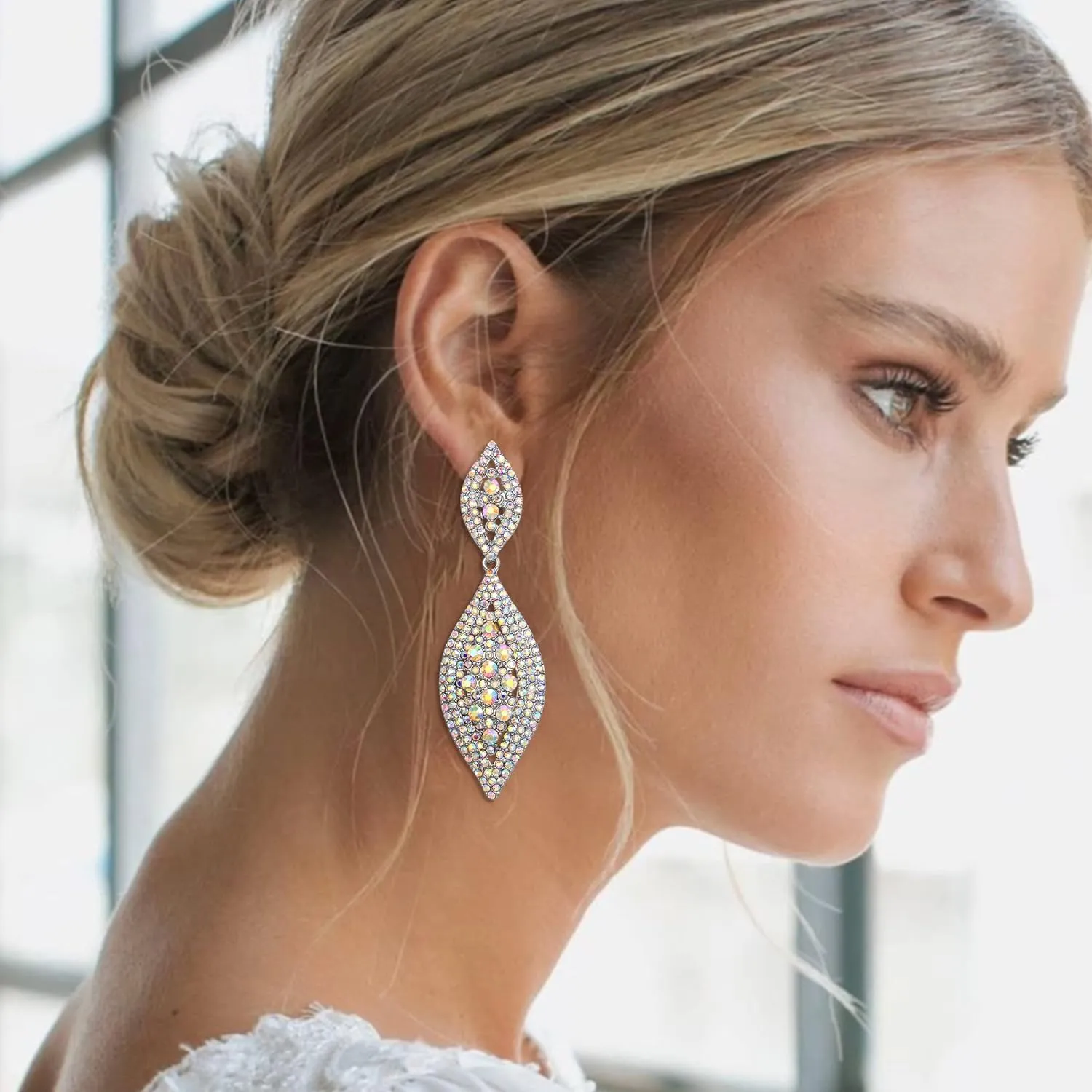 Flyonce Clip On Earrings for Women, Glitter Rhinestone Crystal Wedding Bridal Clip-on Drop Dangle Earring for Non Pierced Ears