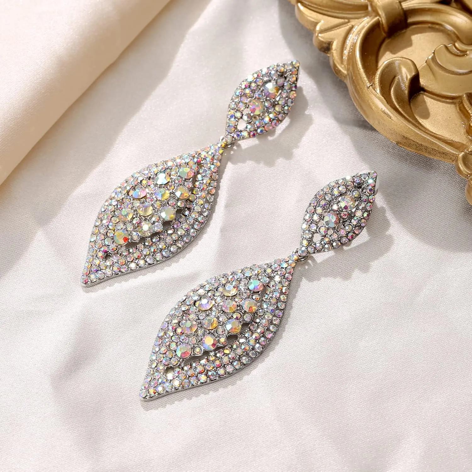 Flyonce Clip On Earrings for Women, Glitter Rhinestone Crystal Wedding Bridal Clip-on Drop Dangle Earring for Non Pierced Ears