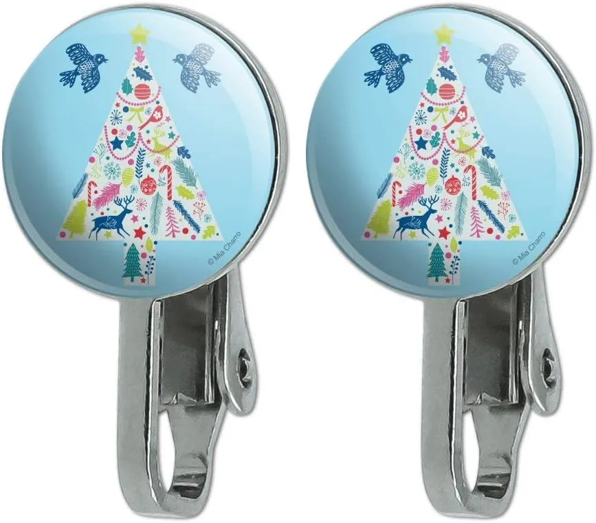 Folk Christmas Tree Novelty Clip-On Stud Earrings