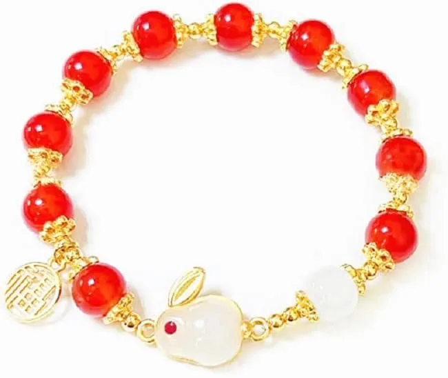 Fuqimanman2020 2023 Year of The Rabbit Lucky Bunny Charm Bracelet Stretch Red Jade Strand Stone Beaded Adjustable Feng Shui for Women Blessing New Year Animal Jewelry