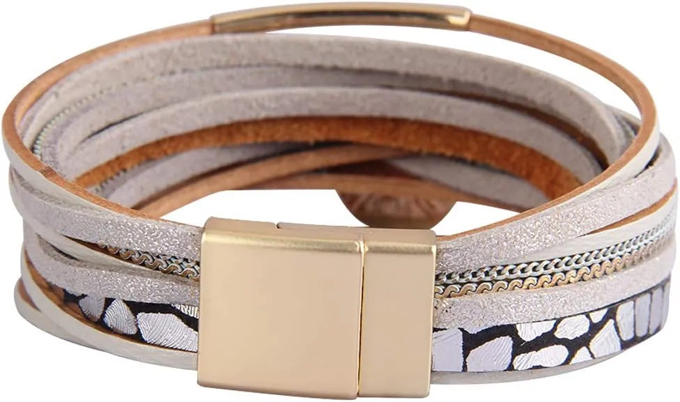 GelConnie Leather Wrap Bracelet Boho Cuff Bracelets Crystal Leather Bracelet Magnetic Multi Strand Bracelets Bohemian Bracelet Leather Wristbands Bangle Jewelry for Women Teen Wife Mother