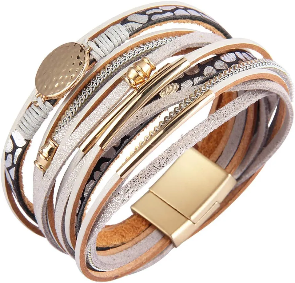GelConnie Leather Wrap Bracelet Boho Cuff Bracelets Crystal Leather Bracelet Magnetic Multi Strand Bracelets Bohemian Bracelet Leather Wristbands Bangle Jewelry for Women Teen Wife Mother