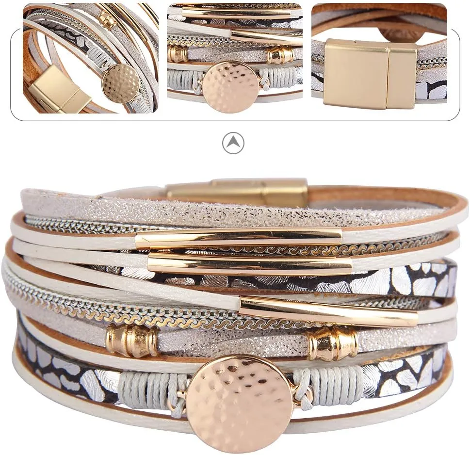 GelConnie Leather Wrap Bracelet Boho Cuff Bracelets Crystal Leather Bracelet Magnetic Multi Strand Bracelets Bohemian Bracelet Leather Wristbands Bangle Jewelry for Women Teen Wife Mother