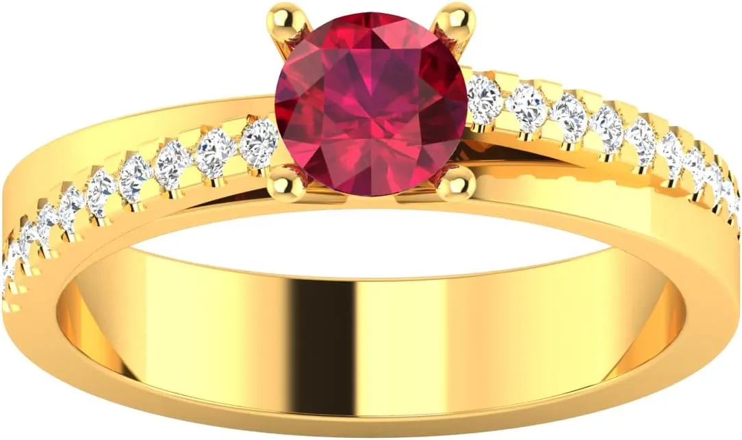GEMHUB 0.68 Ct Round Cut Lab Created Grade AA Red Ruby Solitaire with Accents Couples Promise Ring 14k Yellow Gold Sizable