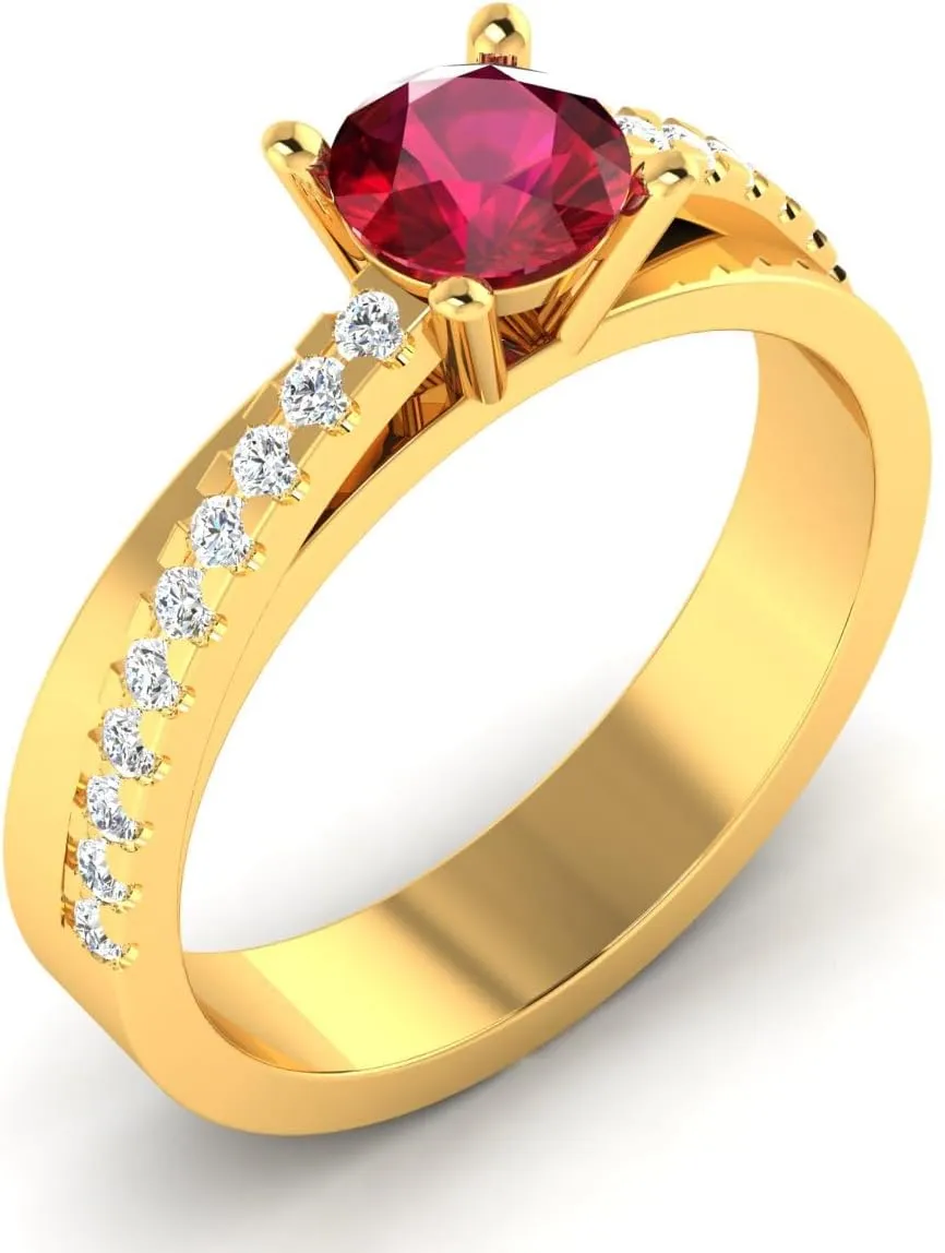 GEMHUB 0.68 Ct Round Cut Lab Created Grade AA Red Ruby Solitaire with Accents Couples Promise Ring 14k Yellow Gold Sizable