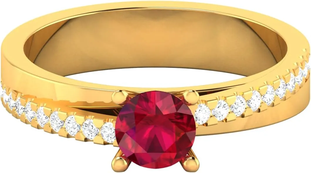 GEMHUB 0.68 Ct Round Cut Lab Created Grade AA Red Ruby Solitaire with Accents Couples Promise Ring 14k Yellow Gold Sizable