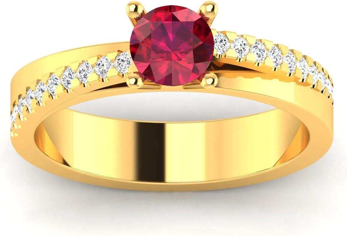 GEMHUB 0.68 Ct Round Cut Lab Created Grade AA Red Ruby Solitaire with Accents Couples Promise Ring 14k Yellow Gold Sizable