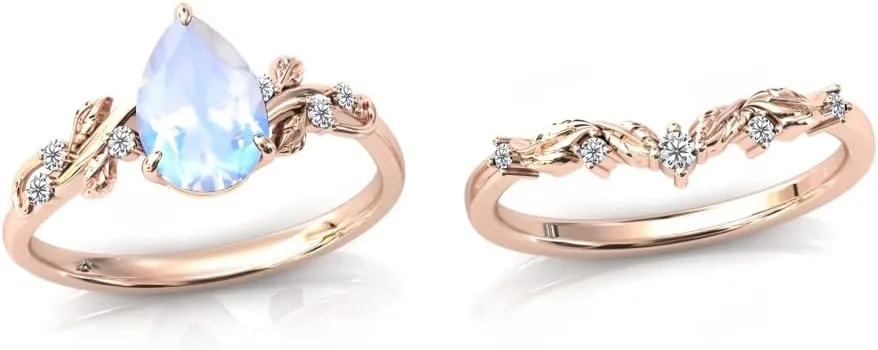 Gemstone Engagement Rings Set for Women Pear Shaped Gemstone Ring Set Leaf Art Deco Ring Set 10K 14K 18K White Yellow Rose Gold Vintage Vine Gemstone Wedding Ring Sets Anniversary Promise Ring