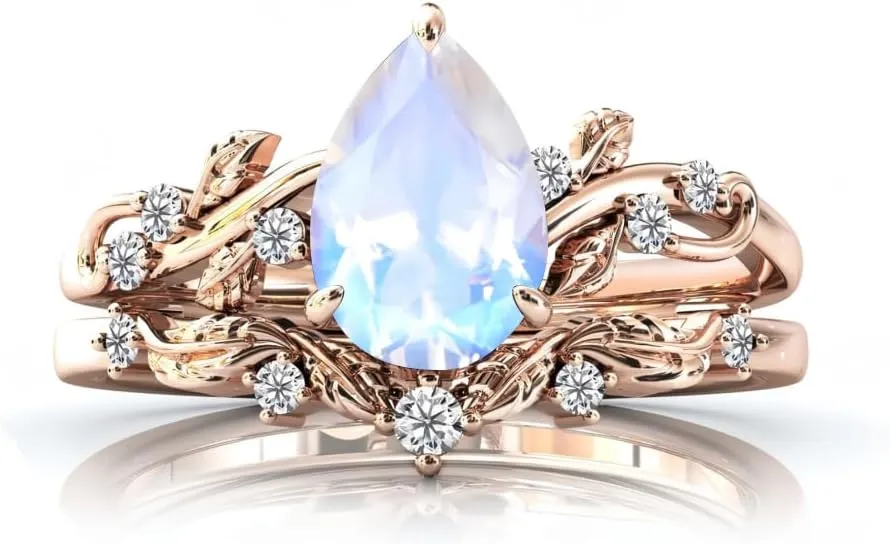 Gemstone Engagement Rings Set for Women Pear Shaped Gemstone Ring Set Leaf Art Deco Ring Set 10K 14K 18K White Yellow Rose Gold Vintage Vine Gemstone Wedding Ring Sets Anniversary Promise Ring