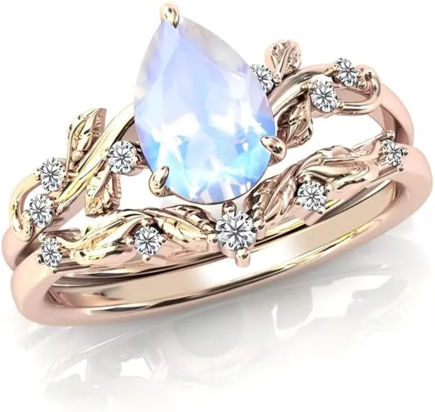 Gemstone Engagement Rings Set for Women Pear Shaped Gemstone Ring Set Leaf Art Deco Ring Set 10K 14K 18K White Yellow Rose Gold Vintage Vine Gemstone Wedding Ring Sets Anniversary Promise Ring
