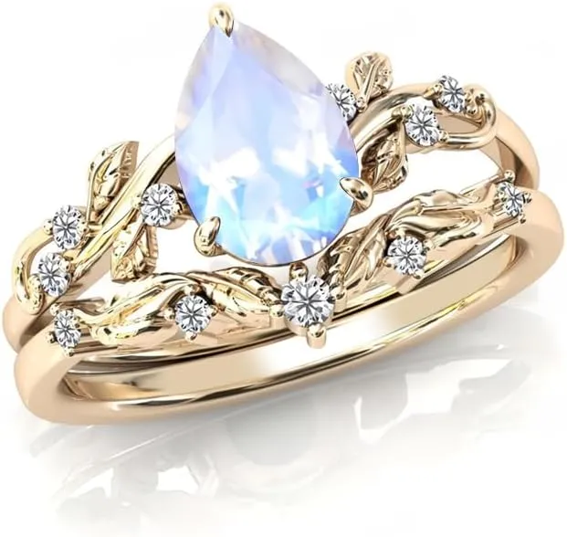 Gemstone Engagement Rings Set for Women Pear Shaped Gemstone Ring Set Leaf Art Deco Ring Set 10K 14K 18K White Yellow Rose Gold Vintage Vine Gemstone Wedding Ring Sets Anniversary Promise Ring
