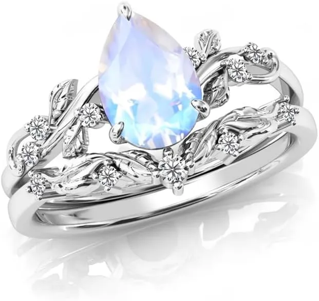 Gemstone Engagement Rings Set for Women Pear Shaped Gemstone Ring Set Leaf Art Deco Ring Set 10K 14K 18K White Yellow Rose Gold Vintage Vine Gemstone Wedding Ring Sets Anniversary Promise Ring