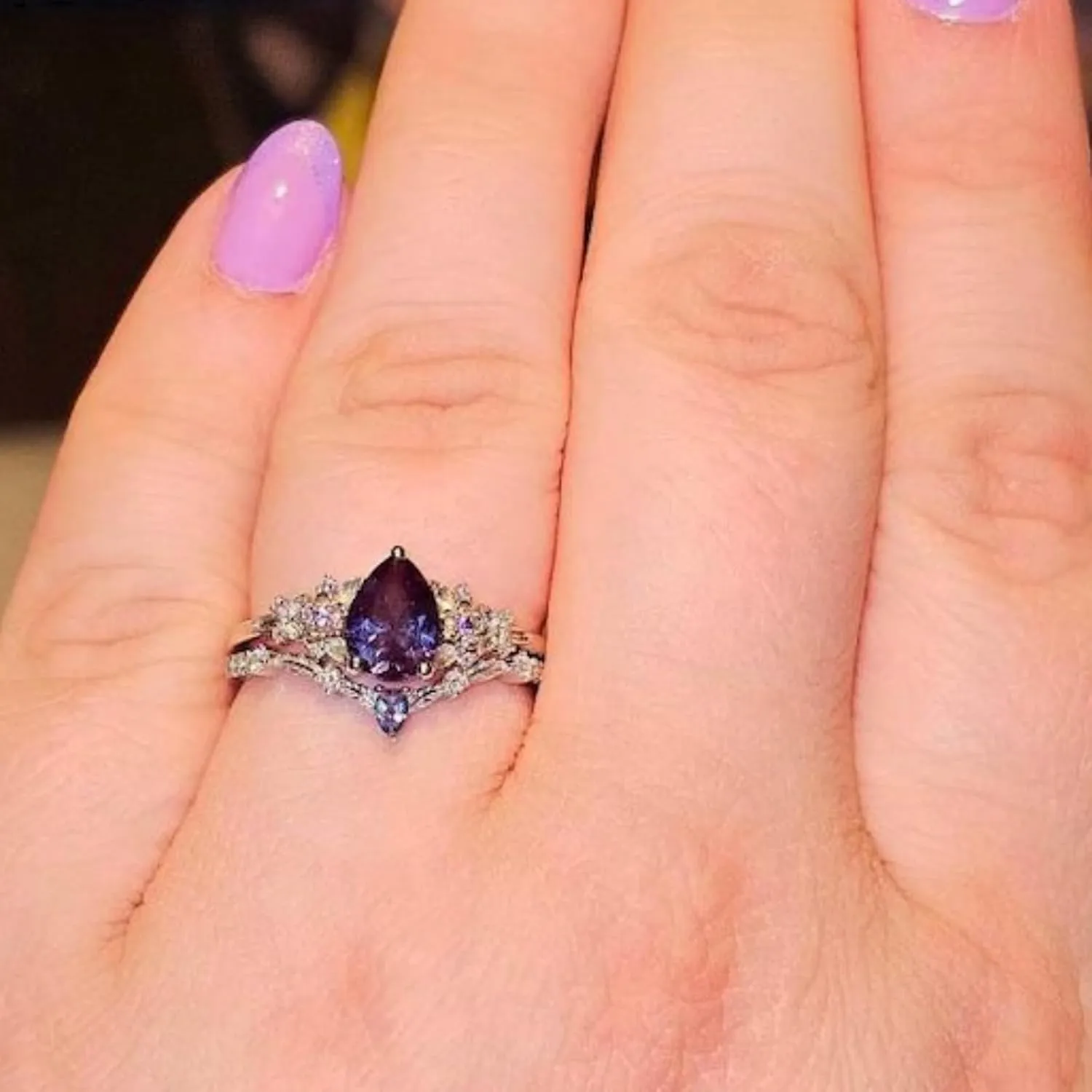 Gemstone Ring Set S925 10K 14K 18K 1.25 ct Pear Shape Gemstone Engagement Rings for Women Gemstone Bridal Sets Leaf Flower Nature Inspired Gemstone Wedding Ring Set