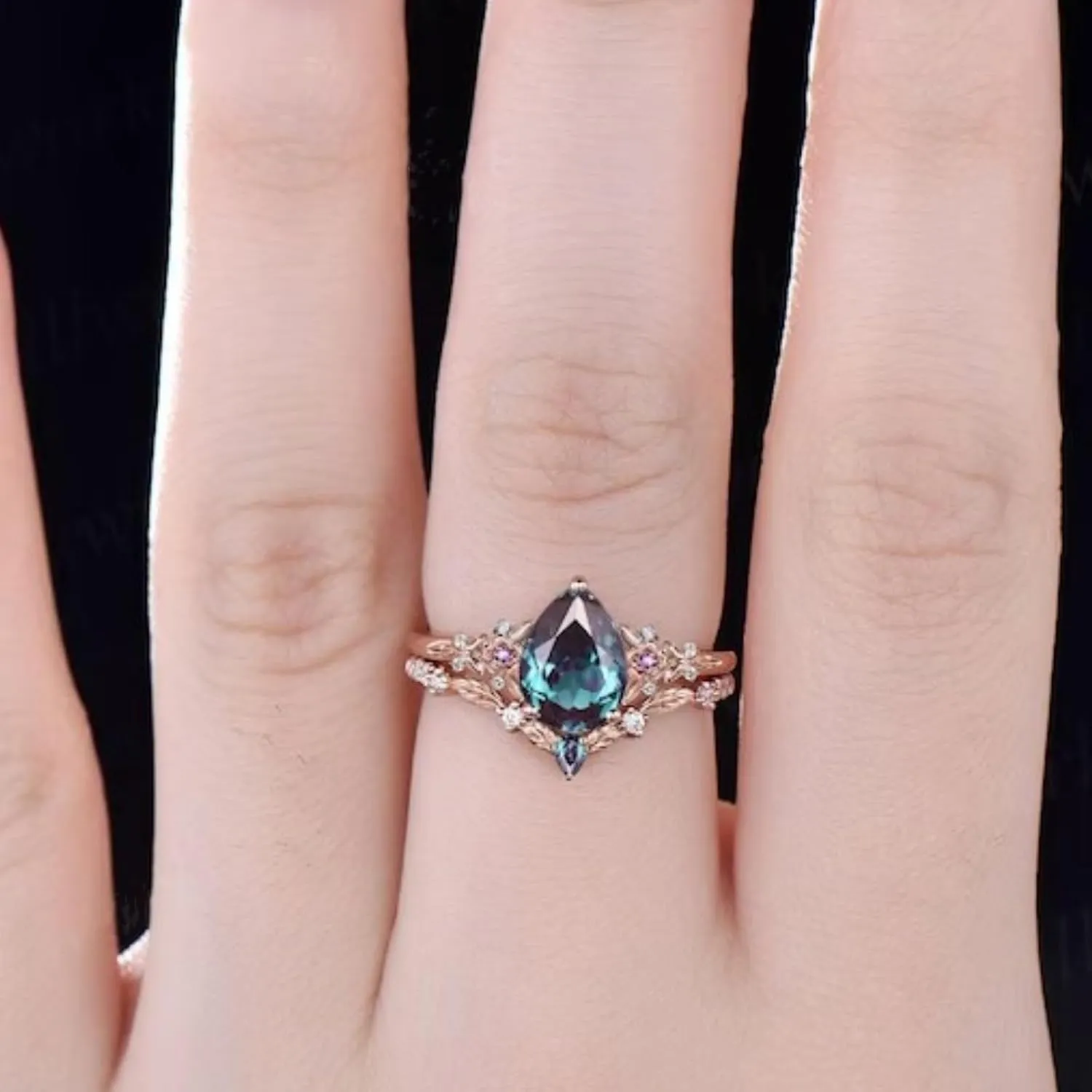 Gemstone Ring Set S925 10K 14K 18K 1.25 ct Pear Shape Gemstone Engagement Rings for Women Gemstone Bridal Sets Leaf Flower Nature Inspired Gemstone Wedding Ring Set