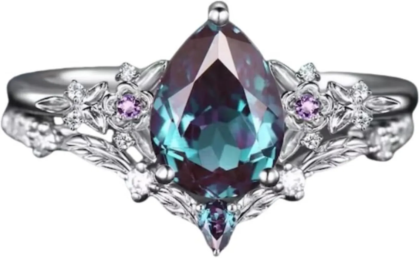 Gemstone Ring Set S925 10K 14K 18K 1.25 ct Pear Shape Gemstone Engagement Rings for Women Gemstone Bridal Sets Leaf Flower Nature Inspired Gemstone Wedding Ring Set