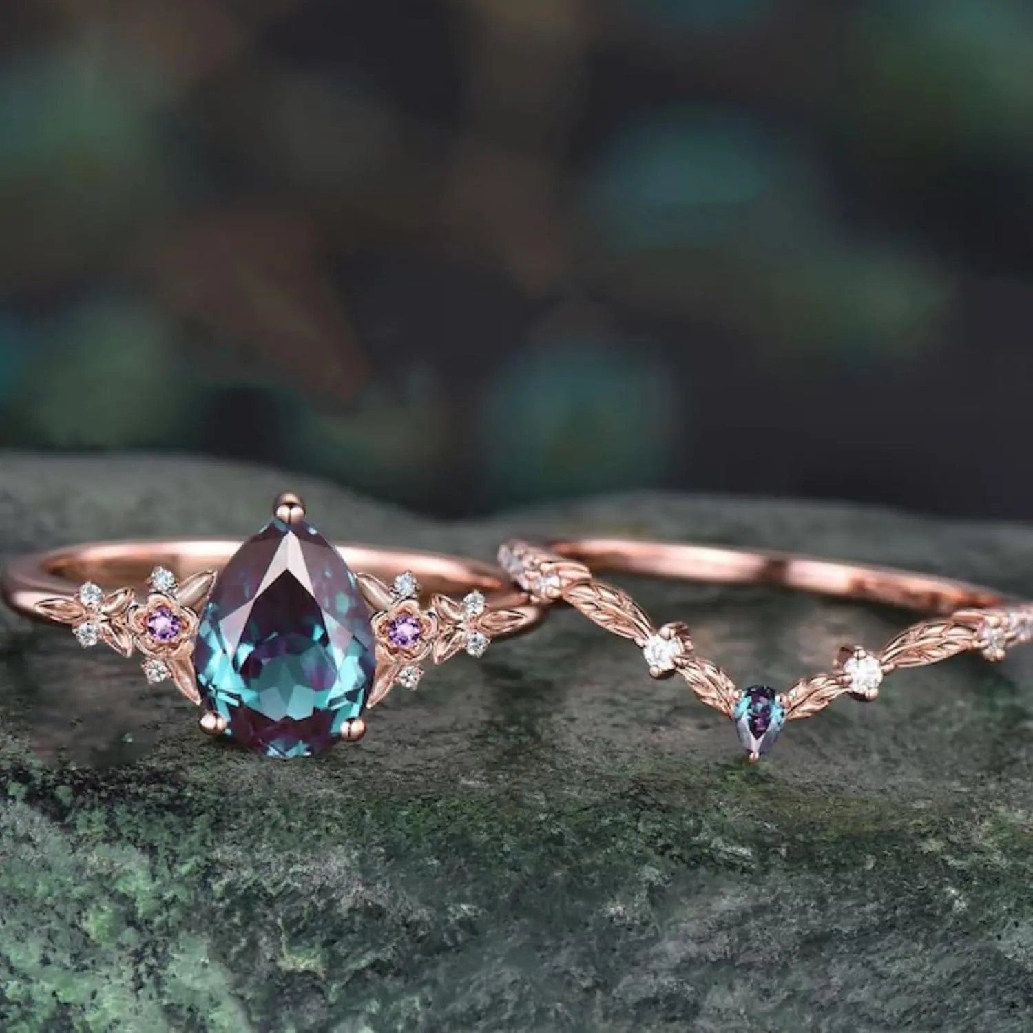 Gemstone Ring Set S925 10K 14K 18K 1.25 ct Pear Shape Gemstone Engagement Rings for Women Gemstone Bridal Sets Leaf Flower Nature Inspired Gemstone Wedding Ring Set