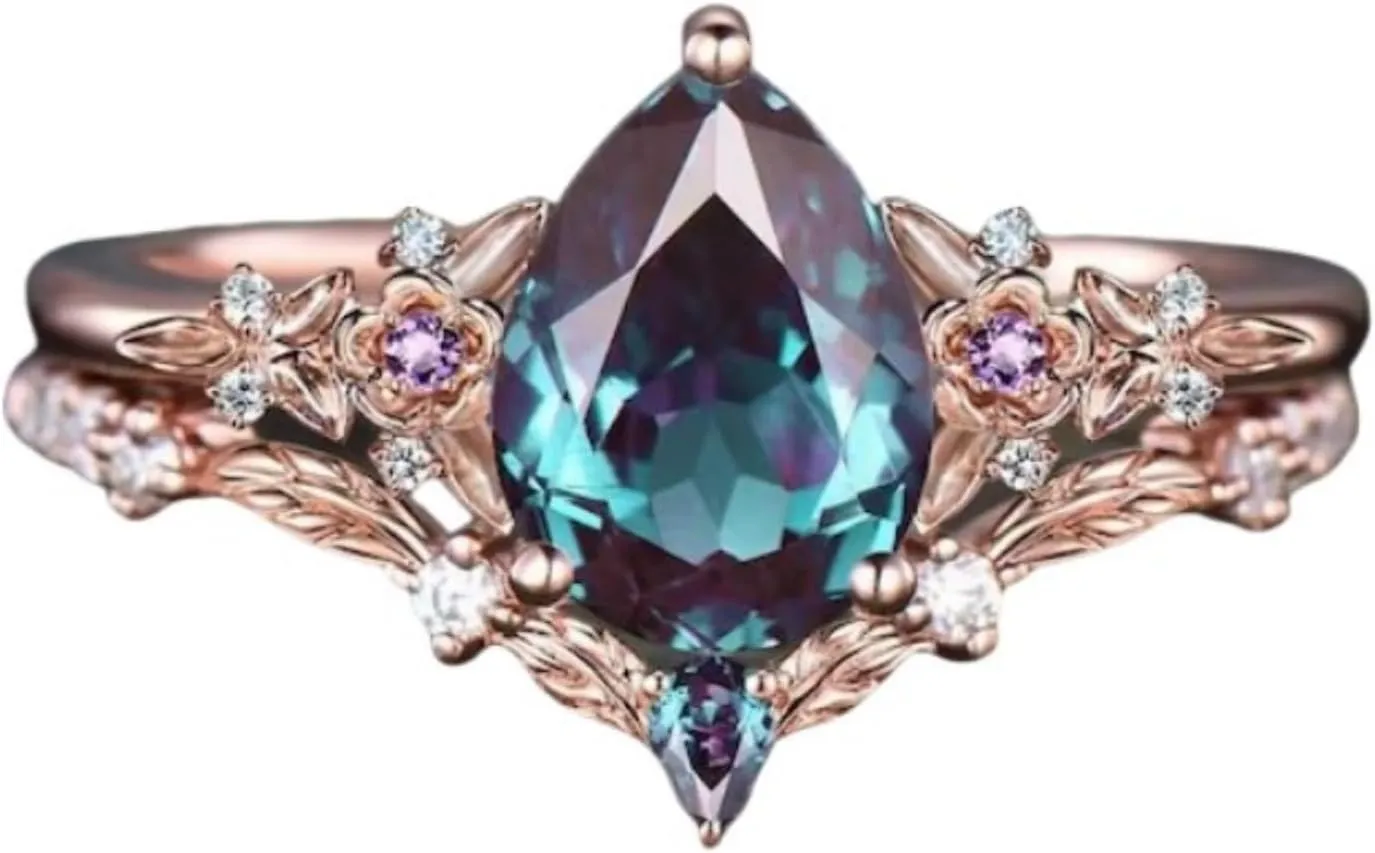 Gemstone Ring Set S925 10K 14K 18K 1.25 ct Pear Shape Gemstone Engagement Rings for Women Gemstone Bridal Sets Leaf Flower Nature Inspired Gemstone Wedding Ring Set