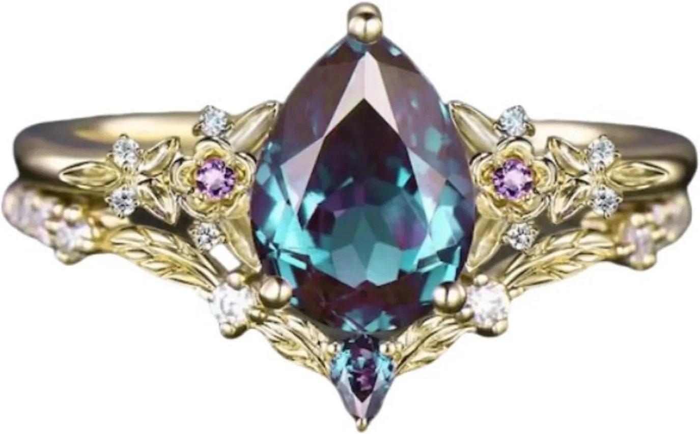 Gemstone Ring Set S925 10K 14K 18K 1.25 ct Pear Shape Gemstone Engagement Rings for Women Gemstone Bridal Sets Leaf Flower Nature Inspired Gemstone Wedding Ring Set