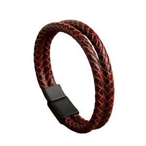 Genuine Leather Vintage Hand Woven Cord Magnetic Buckle Bracelet (Brown)