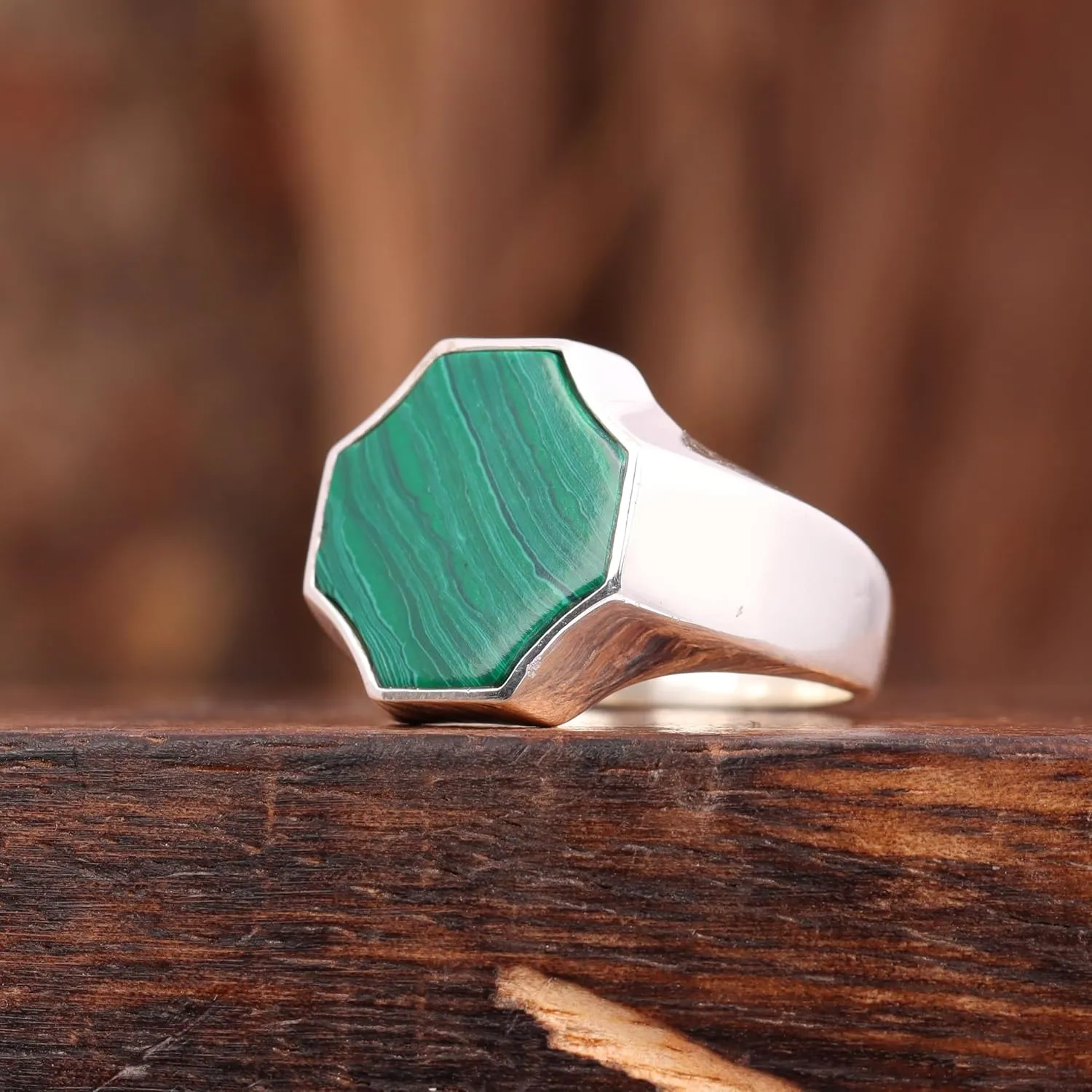 Genuine Malachite Ring 14k Gold Vermeil Gemstone Handmade Jewelry Signet Ring for Men Gift for Him Statement Jewelry Promise Rings
