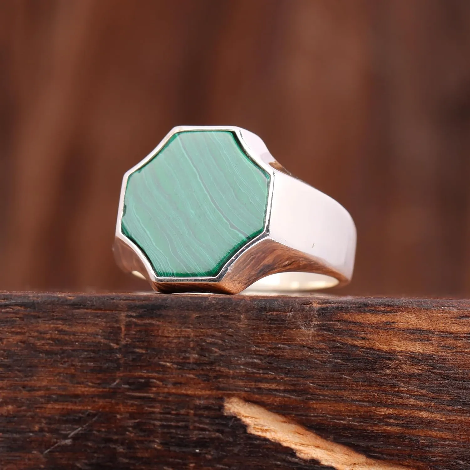 Genuine Malachite Ring 14k Gold Vermeil Gemstone Handmade Jewelry Signet Ring for Men Gift for Him Statement Jewelry Promise Rings