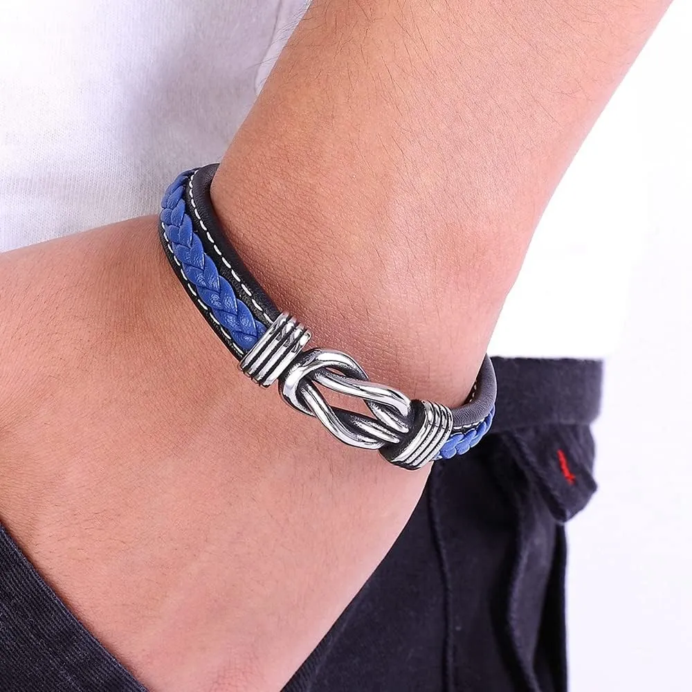 Geometric Stainless Steel Men's Leather Bracelet Hand- woven Clasp Black Blue Leather Bangle Christmas Jewelry Gift 7D3AI (Black-Coffee-23cm)