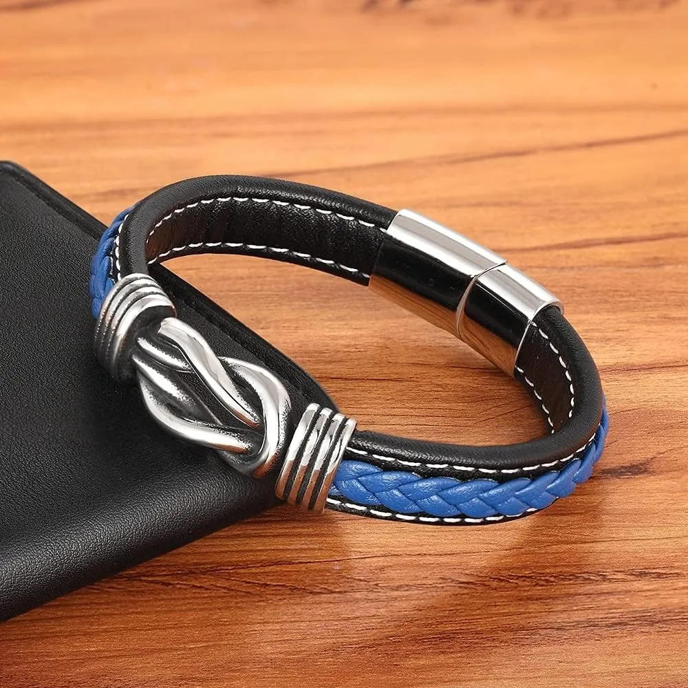 Geometric Stainless Steel Men's Leather Bracelet Hand- woven Clasp Black Blue Leather Bangle Christmas Jewelry Gift 7D3AI (Black-Coffee-23cm)