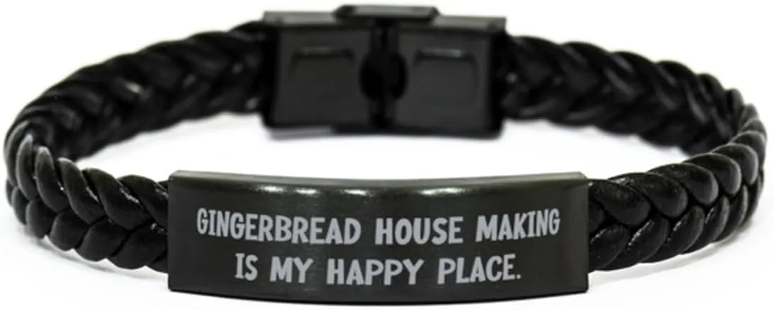 Gingerbread House. Braided Leather Bracelet, Gingerbread House Making Present From Friends, Fun Engraved Bracelet For Men Women, Leather bracelets for men, Leather bracelets for women, Handmade