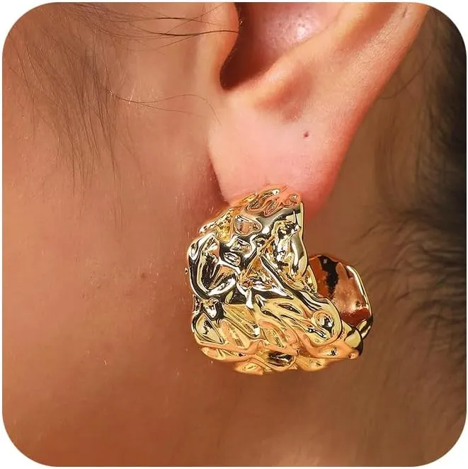 Gold Chunky Earrings for Women, Trendy Statement Earrings 14K Gold Plated Hypoallergenic Large Dangle Earrings Gold Thick Geometric Rectangle Drop Earring
