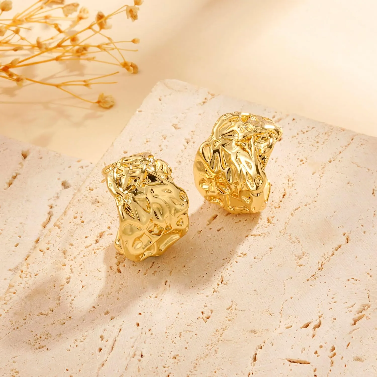 Gold Chunky Earrings for Women, Trendy Statement Earrings 14K Gold Plated Hypoallergenic Large Dangle Earrings Gold Thick Geometric Rectangle Drop Earring