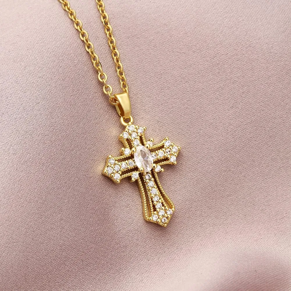 Gold Cross Necklace for Women - Handmade CZ Dainty Faith Pendant Necklace, 18K Plated Hypoallergenic Jewelry Gifts