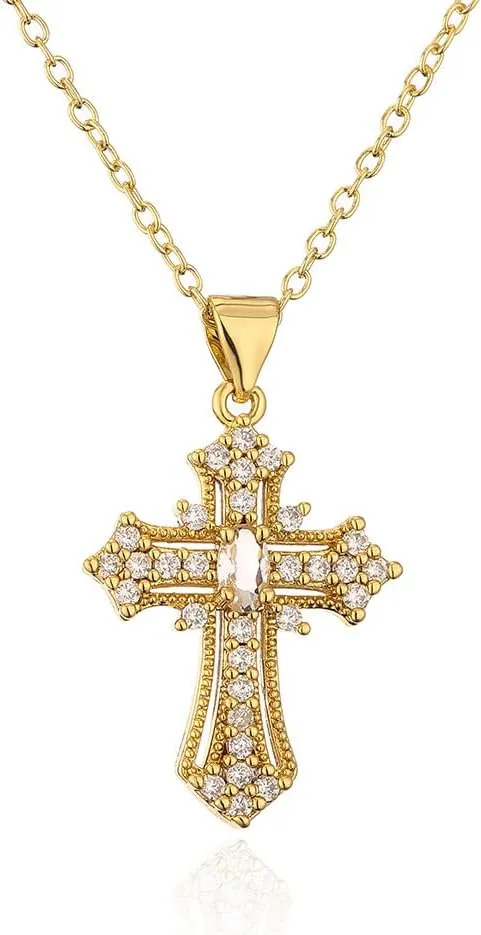 Gold Cross Necklace for Women - Handmade CZ Dainty Faith Pendant Necklace, 18K Plated Hypoallergenic Jewelry Gifts