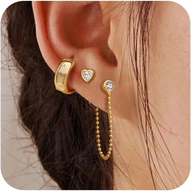 Gold Earrings for Women, Plucar Pearl Earrings for Women Dainty Cubic Zirconia Earrings Studs Chain Earring Set Gold Hoop Earrings for Women Trendy Jewelry