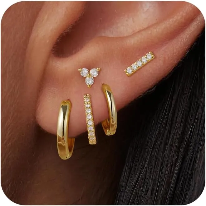 Gold Earrings for Women Trendy, 14K Hoop Huggies Small Dainty Lightweight Studs Cuffs Set Cartilage Multiple Piercing Jewelry Gifts