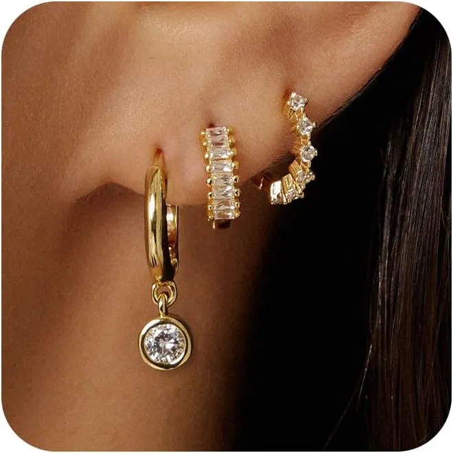 Gold Earrings for Women Trendy, 14K Hoop Huggies Small Dainty Lightweight Studs Cuffs Set Cartilage Multiple Piercing Jewelry Gifts