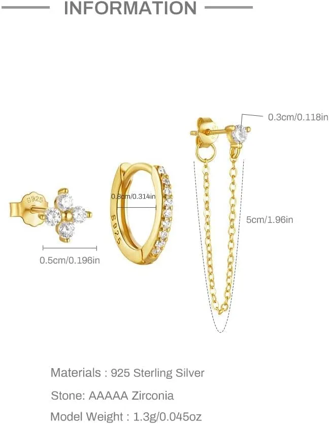 Gold Earrings Set for Women, Sterling Silver Stud Hoop and Chain Earring Sets for Multiple Piercing, Stackable Small Gold Huggie Hoop Earrings for Women Everyday Jewelry