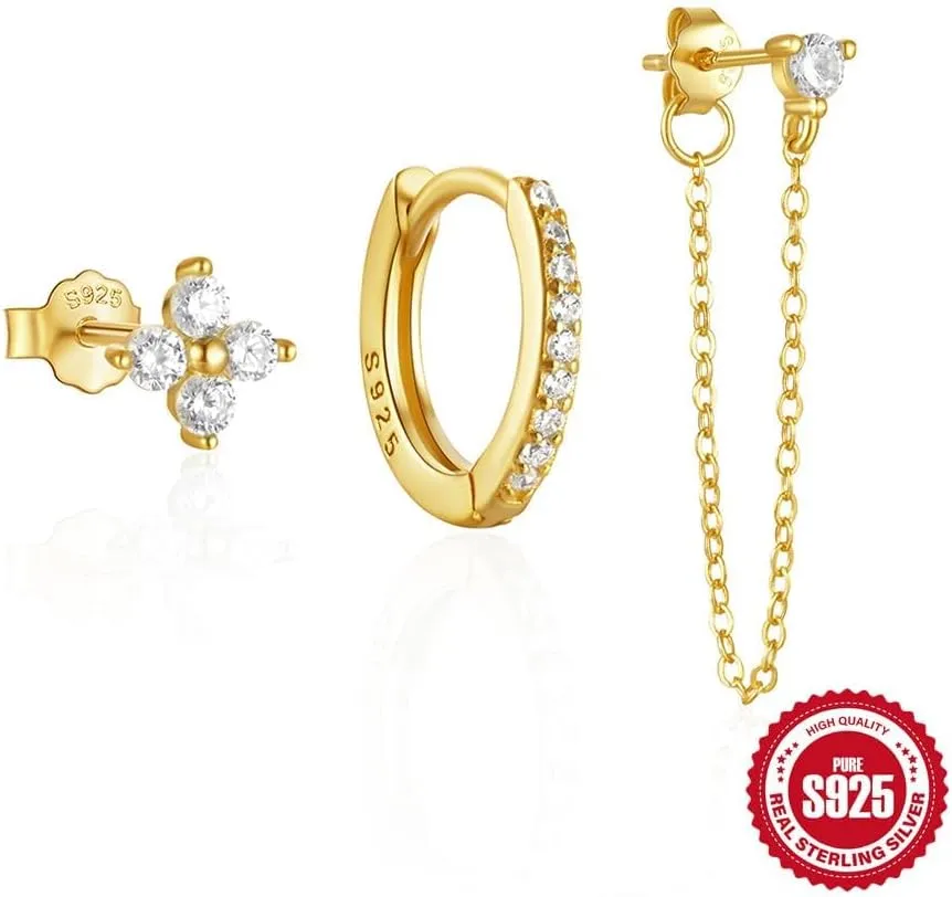 Gold Earrings Set for Women, Sterling Silver Stud Hoop and Chain Earring Sets for Multiple Piercing, Stackable Small Gold Huggie Hoop Earrings for Women Everyday Jewelry