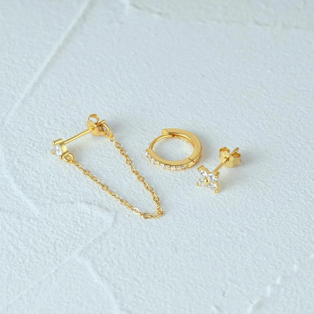 Gold Earrings Set for Women, Sterling Silver Stud Hoop and Chain Earring Sets for Multiple Piercing, Stackable Small Gold Huggie Hoop Earrings for Women Everyday Jewelry