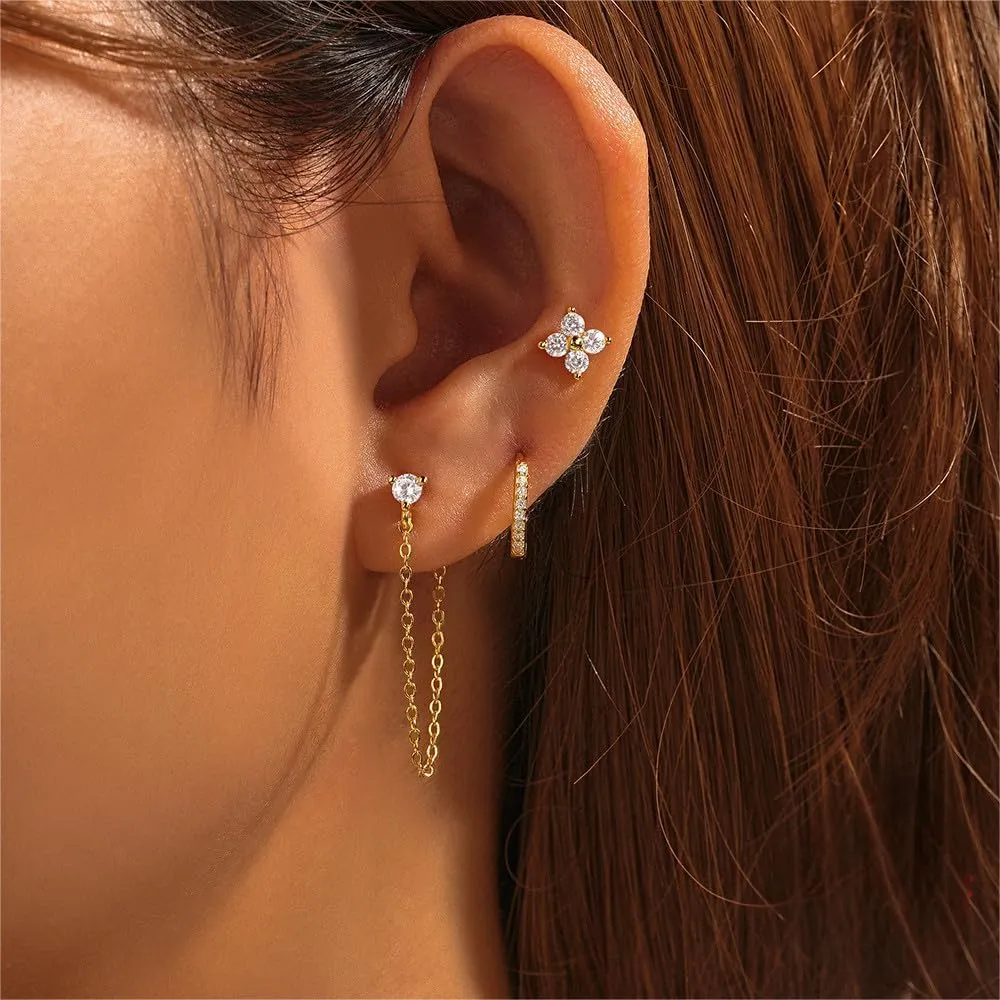 Gold Earrings Set for Women, Sterling Silver Stud Hoop and Chain Earring Sets for Multiple Piercing, Stackable Small Gold Huggie Hoop Earrings for Women Everyday Jewelry